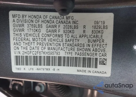 2019 Honda Civic Lx из США, поврежденный, VIN 2HGFC2F67KH595793